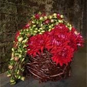 Jens Jakobson Wedding: red dahlia and green buds basket