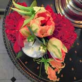 Jens Jakobson Wedding: apricot viriflora tulip, apricot glory lily, red peony